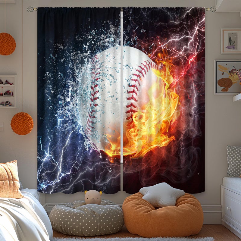 Cinbloo Baseball Curtains Sports Theme for Men 42W x 63L Inch Rod Pocket Ball in Fire Water Flame Lightening Boys Kids Bedroom Decor Art Printed Living Room Window Drapes Treatment Fabric 2 Panels - Image 2